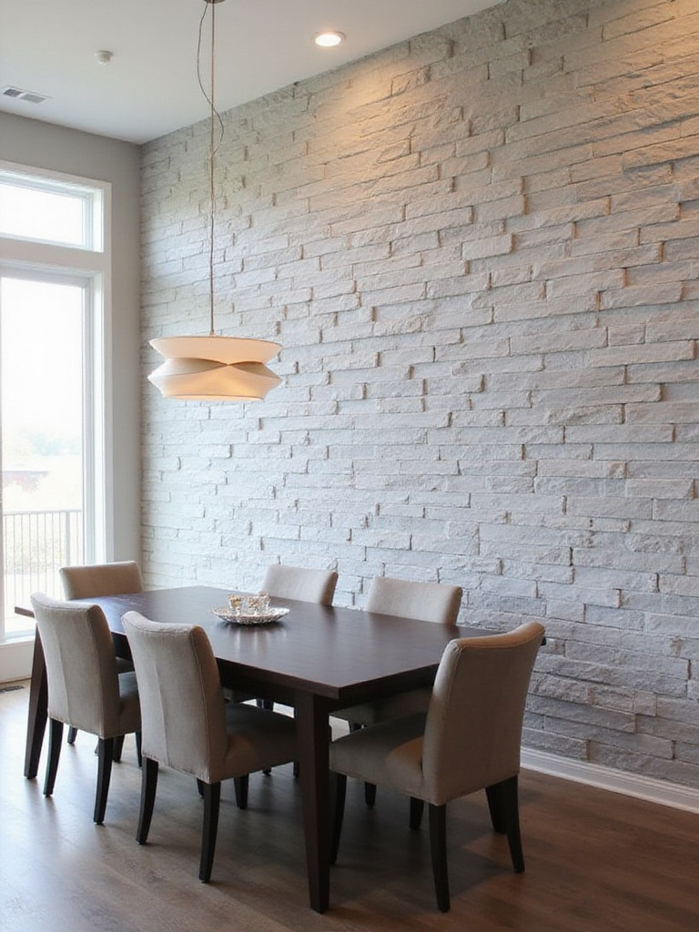 Dining room with faux stone accent wall