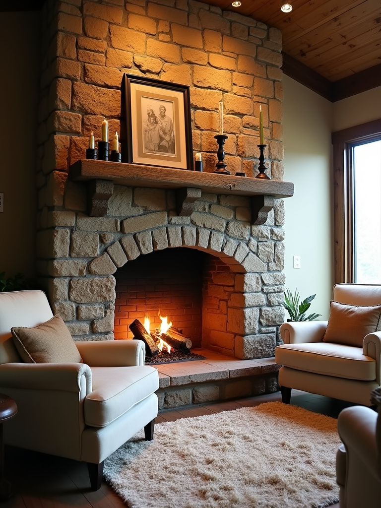 Rustic living room with a cozy stone fireplace as the centerpiece.