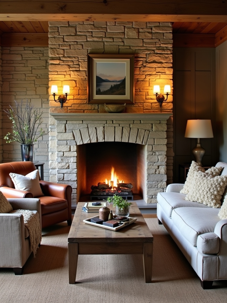 Rustic living room with stone wall fireplace and cozy seating.