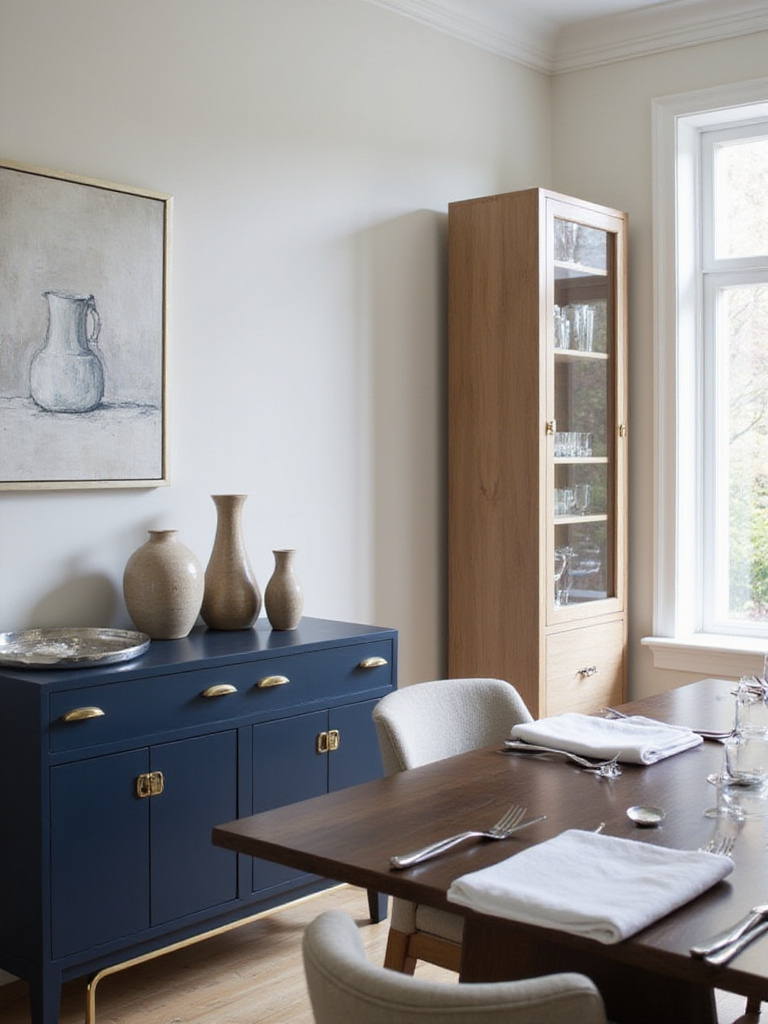 Modern dining room with stylish storage solutions, including a sideboard and tall cabinet.
