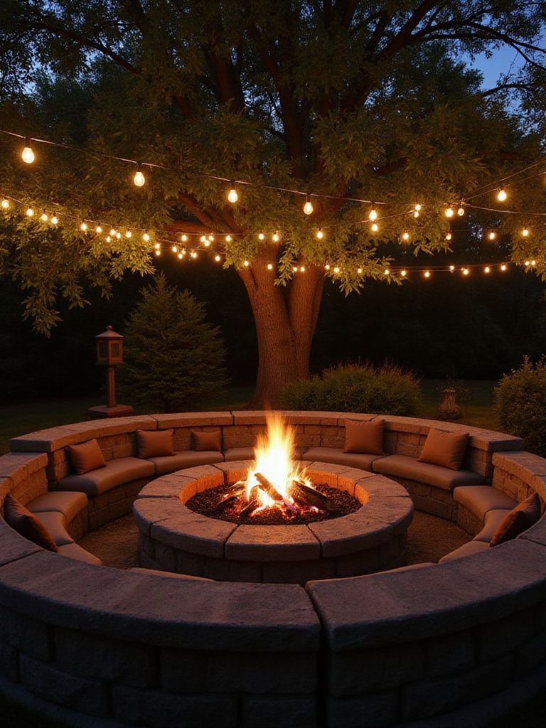 Backyard firepit area with string lights creating a warm and inviting ambiance.