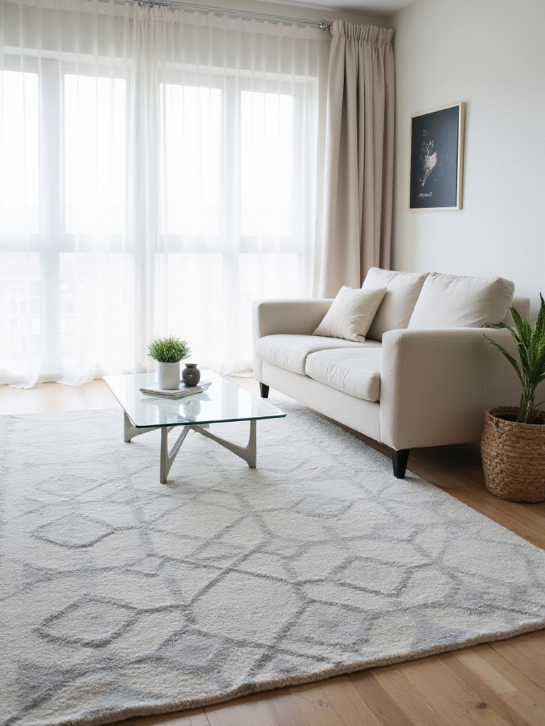 Modern living room with a geometric gray and white rug anchoring the space