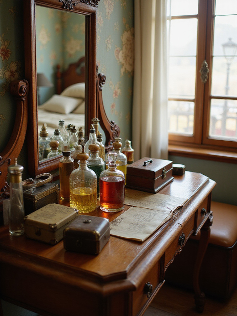 Vintage vanity table styled with perfume bottles and antique jewelry boxes
