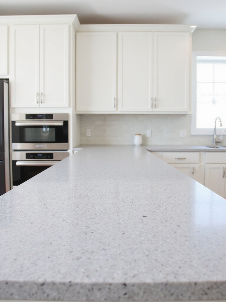 White kitchen cabinets paired with a grey granite-look laminate countertop.