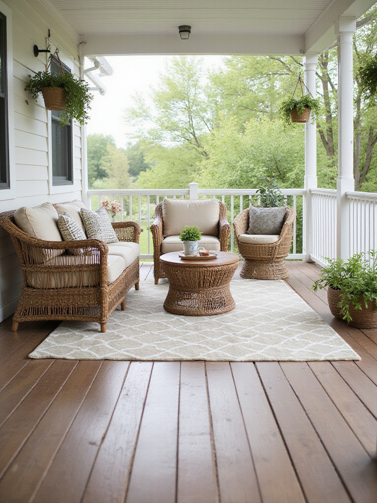 Stylish outdoor rug grounding a porch seating area with wicker furniture and potted plants.