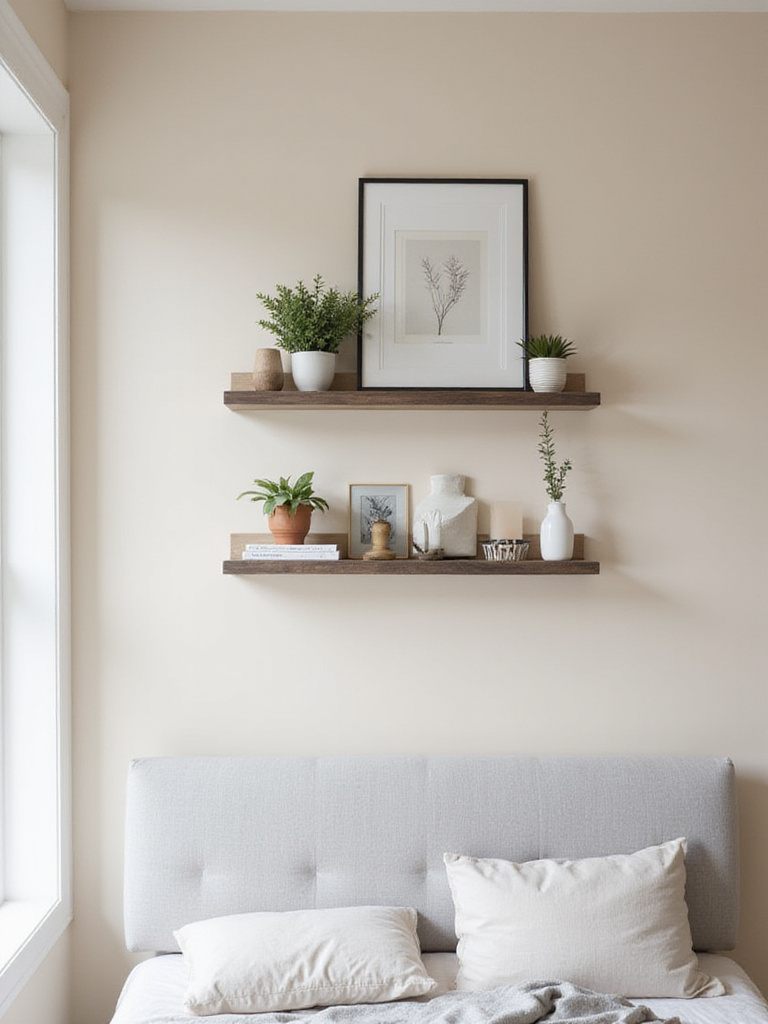 Modern bedroom with stylish floating shelves displaying books, plants, and decor.