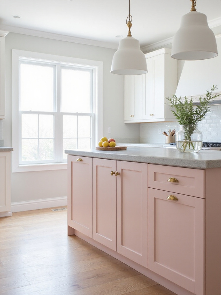 Blush pink kitchen island in a modern white kitchen