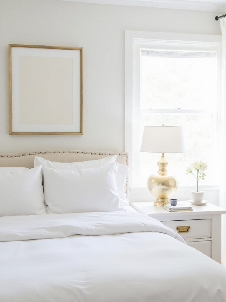 White bedroom with subtle gold accents including a gold lamp, gold-framed art, and gold hardware.