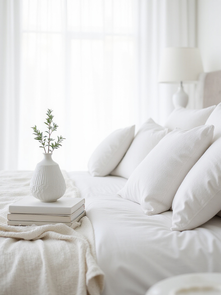 White bedroom with subtle white decor accents including a vase, books, and textured bedding