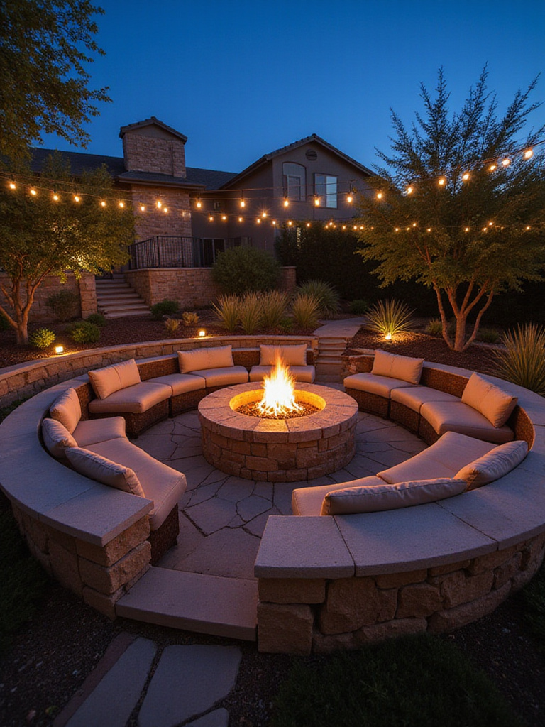 Luxurious sunken firepit lounge with stone firepit and built-in seating.