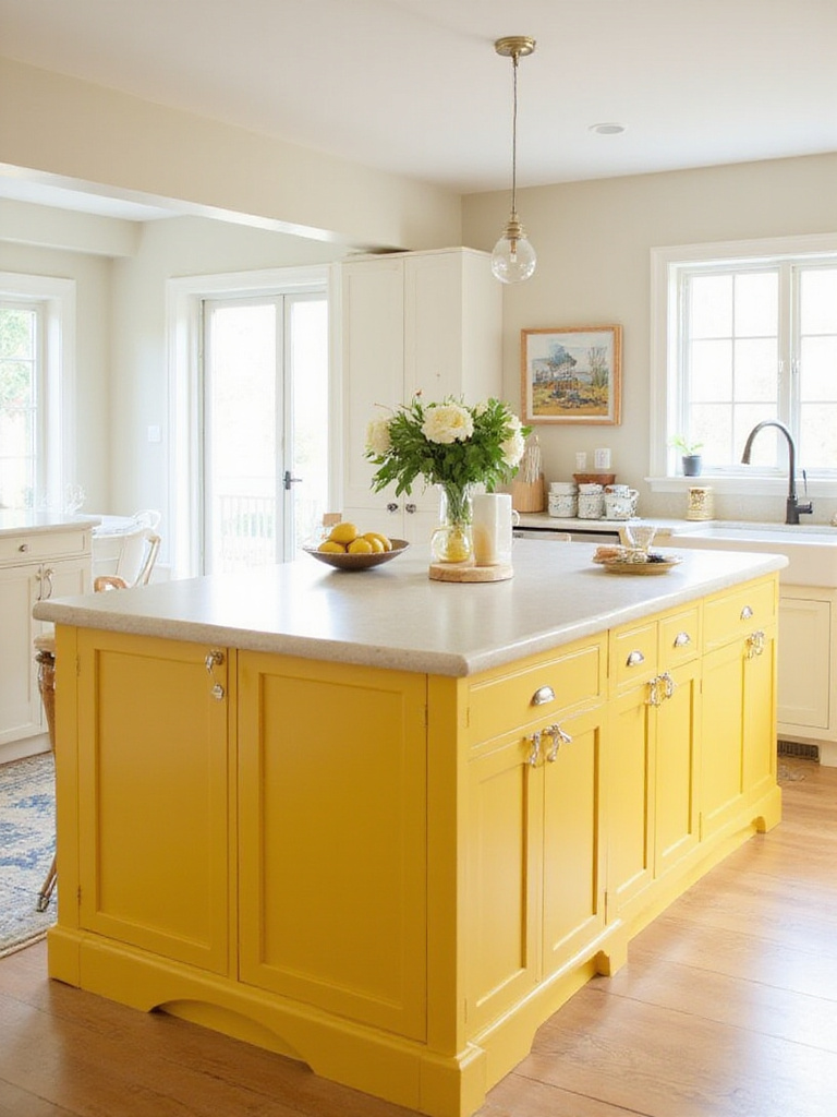 Sunny yellow kitchen island in a bright and airy kitchen with white cabinets.