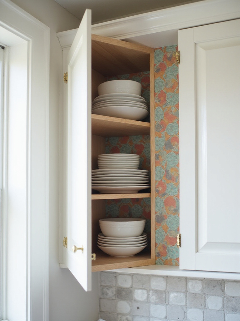 Kitchen cabinet interior lined with geometric wallpaper, revealing a surprise pop of color and pattern.