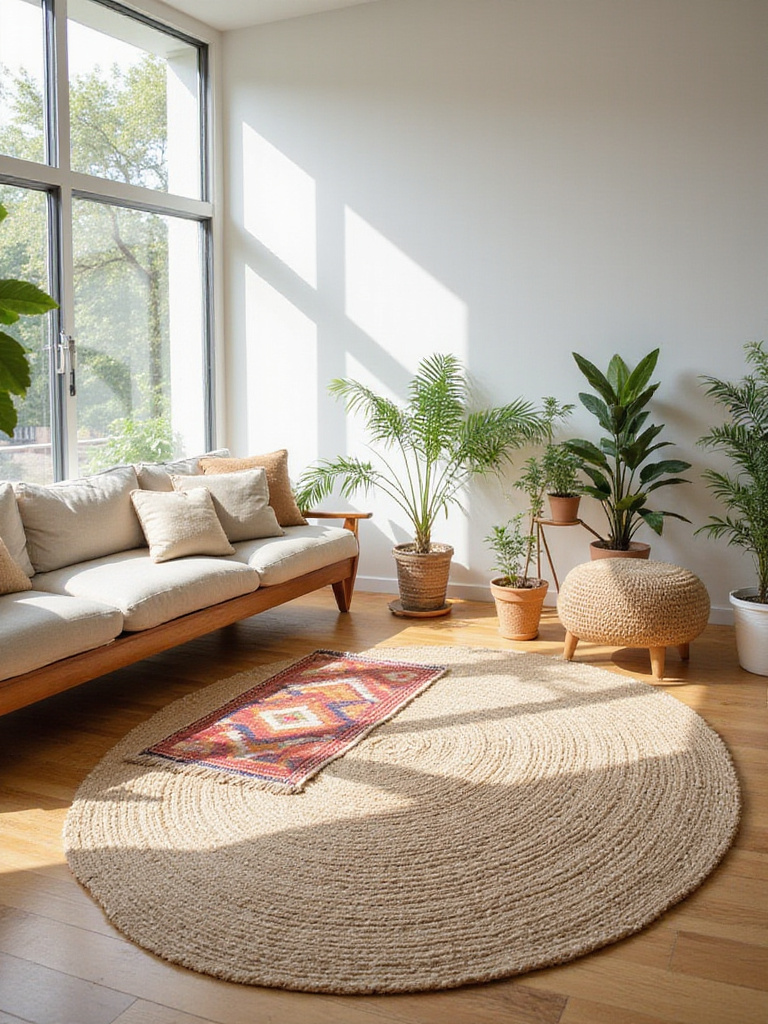 Sustainable living room with layered jute and wool rugs