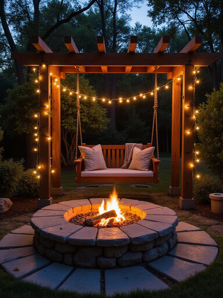 Backyard firepit area with swing bench under a pergola, illuminated by string lights.