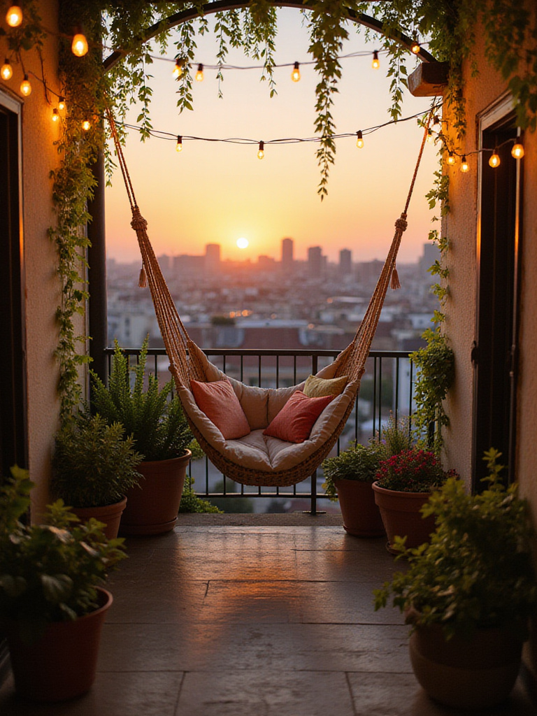 Balcony with hammock chair, cushions, and string lights