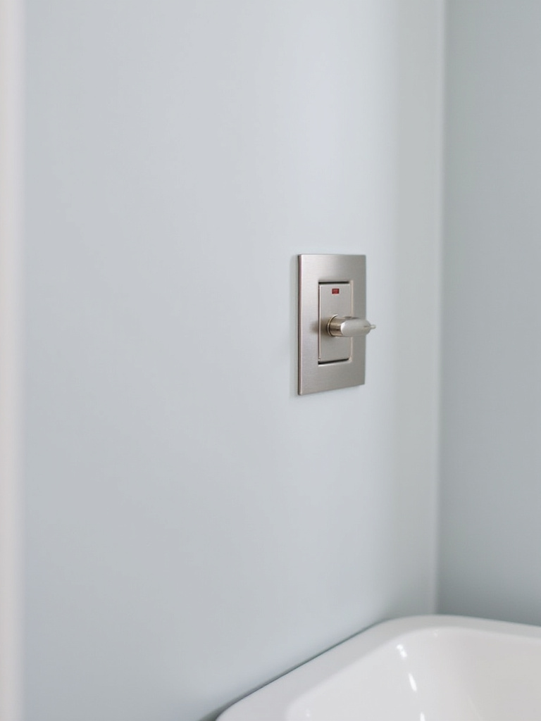 Brushed nickel light switch plate and outlet cover on a gray bathroom wall