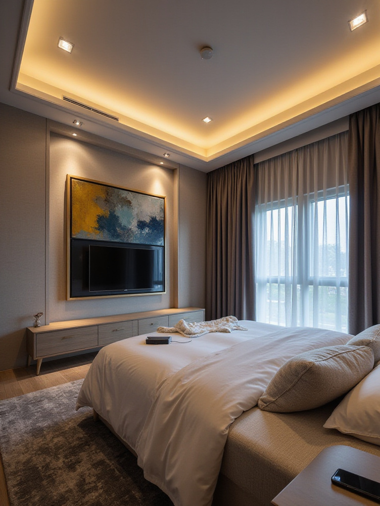 Luxury bedroom featuring discreetly integrated technology, including a hidden TV and smart lighting.