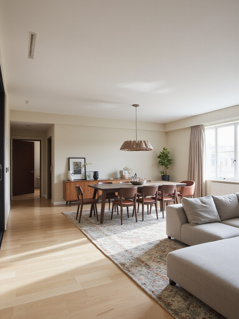 Open concept dining area defined by rug, pendant light, and console table.