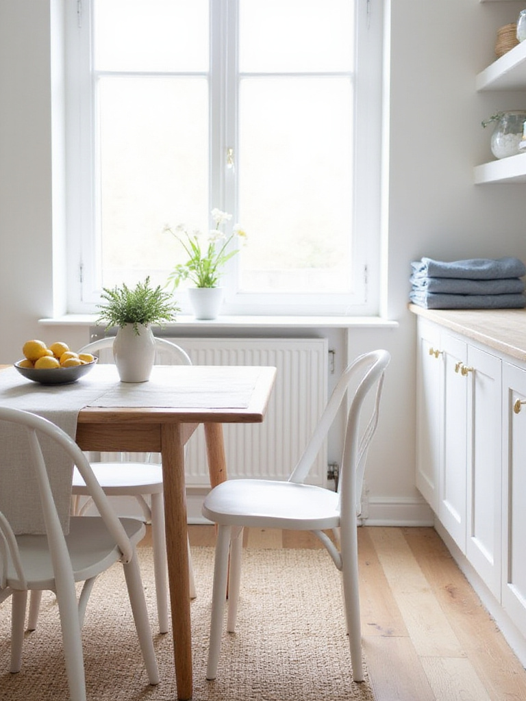 Scandinavian kitchen with jute rug, linen tea towels, and linen table runner.