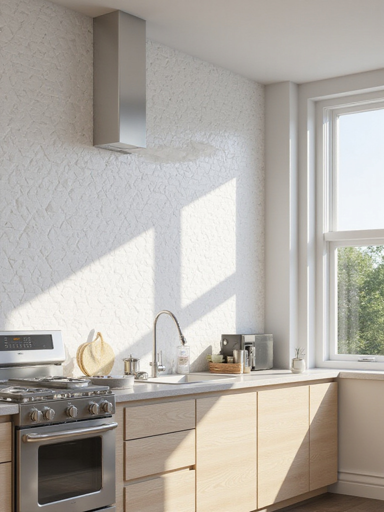 Modern kitchen with textured white geometric backsplash tiles.