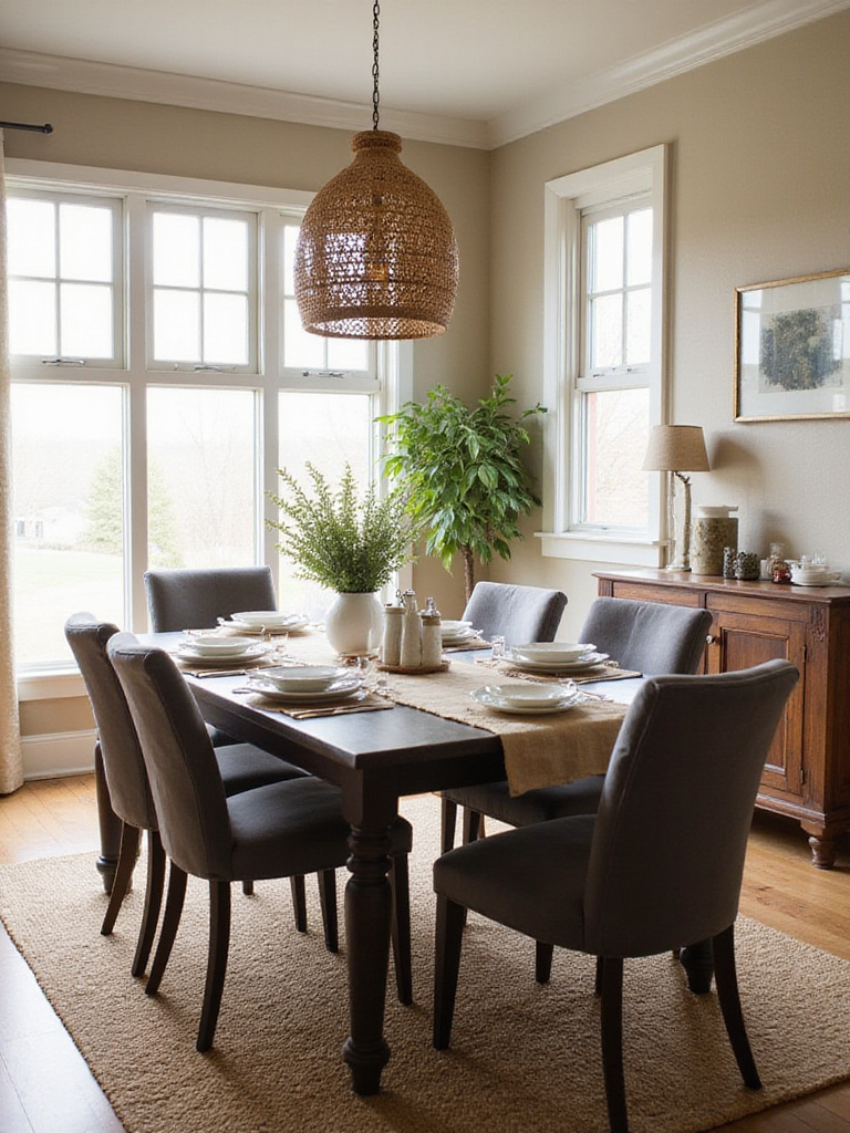 Dining room with textured fabrics and materials creating a warm and inviting atmosphere