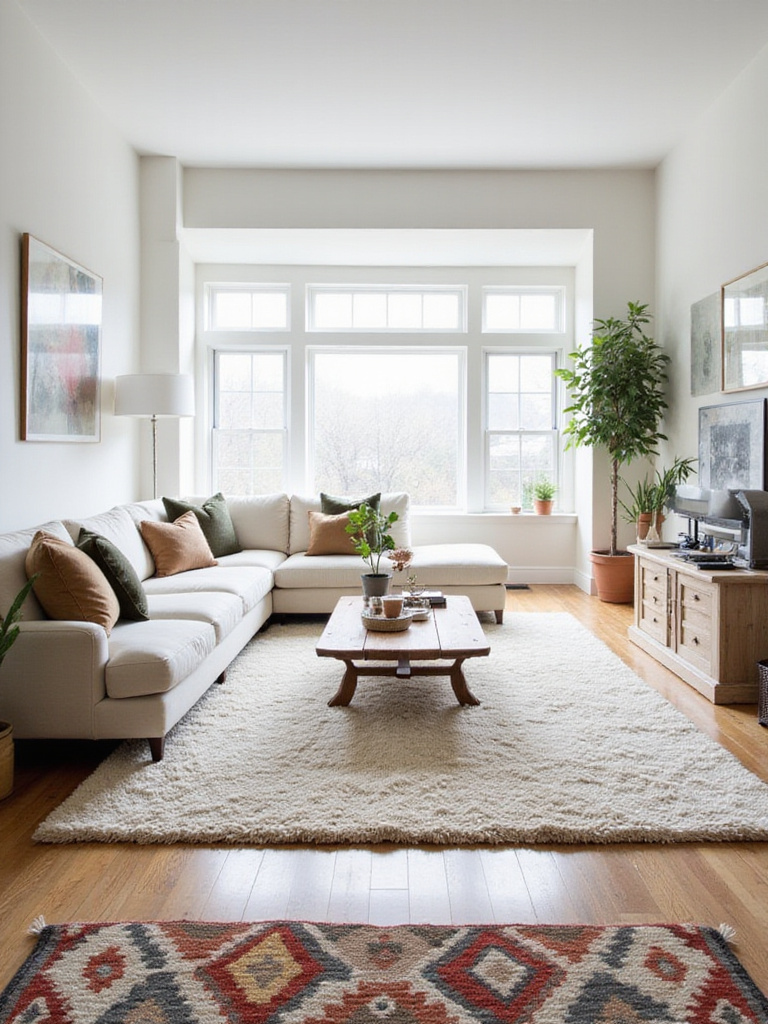Living room showcasing high-pile, low-pile, and flatweave rugs for different feels.