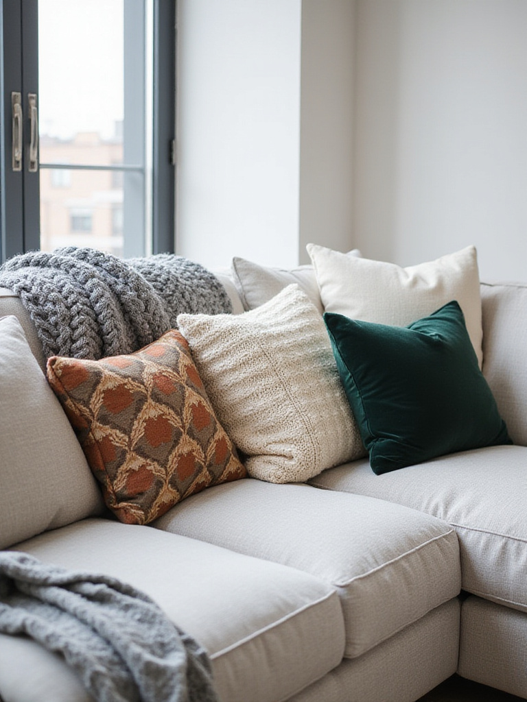 Modern apartment living room sofa with textured cushions and throw blanket.