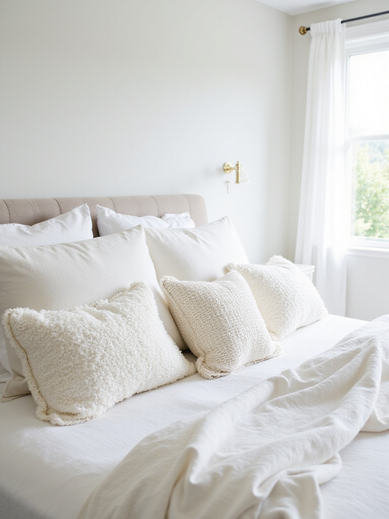 White bedroom with textured white throw pillows on a linen bed.