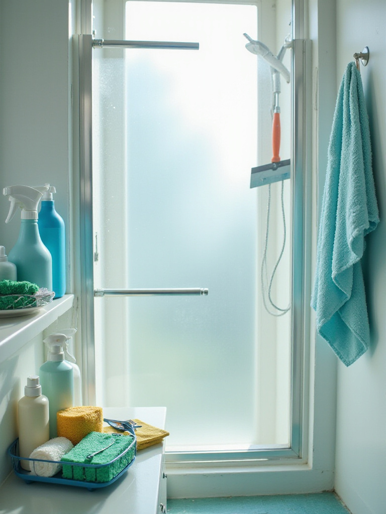 Clean and well-maintained bathroom with cleaning supplies visible, emphasizing regular upkeep.