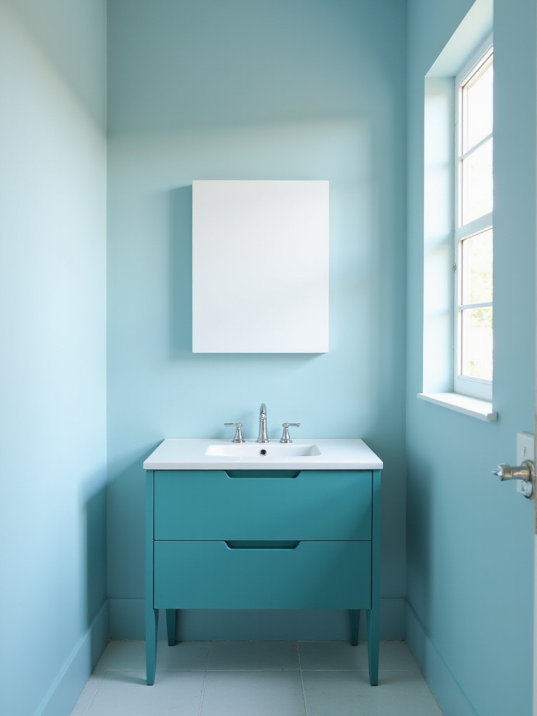 Budget bathroom makeover with fresh blue and teal paint.