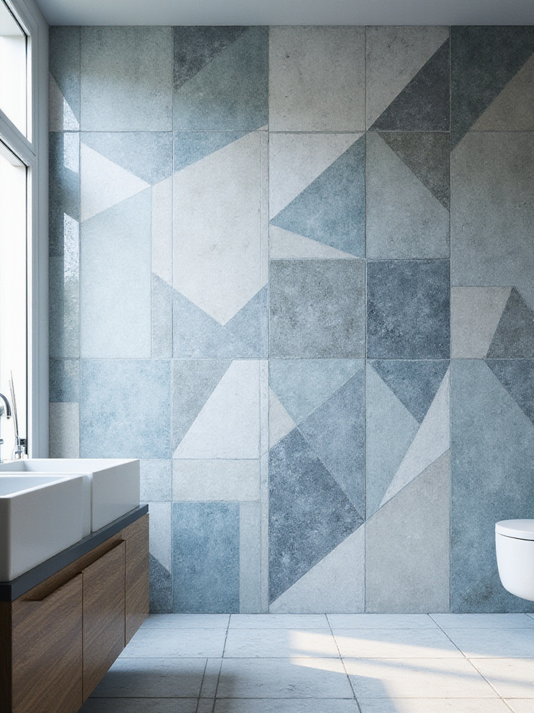 Modern bathroom with a custom abstract geometric tile mural wall