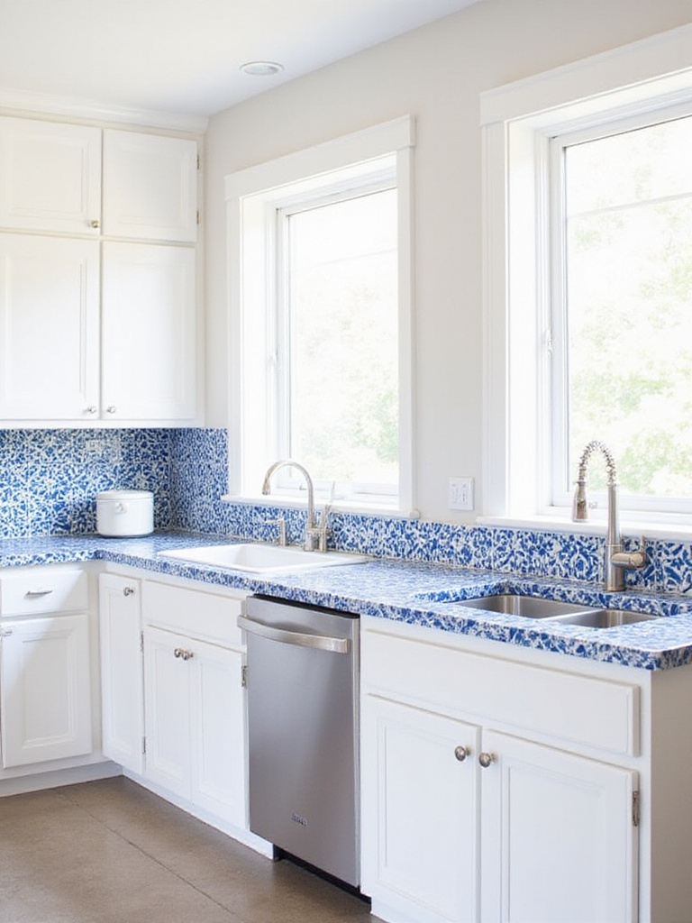 Kitchen with white cabinets and blue and white patterned tile countertop