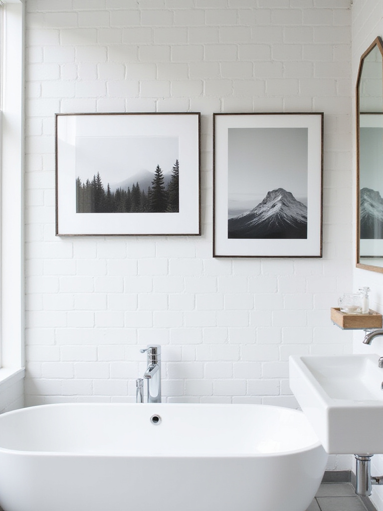 Modern bathroom with black and white landscape photography on a white tiled wall.