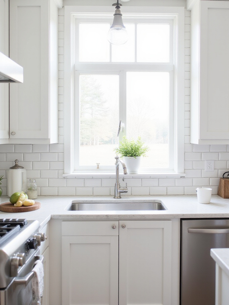 White subway tile backsplash in a bright kitchen with shaker cabinets.
