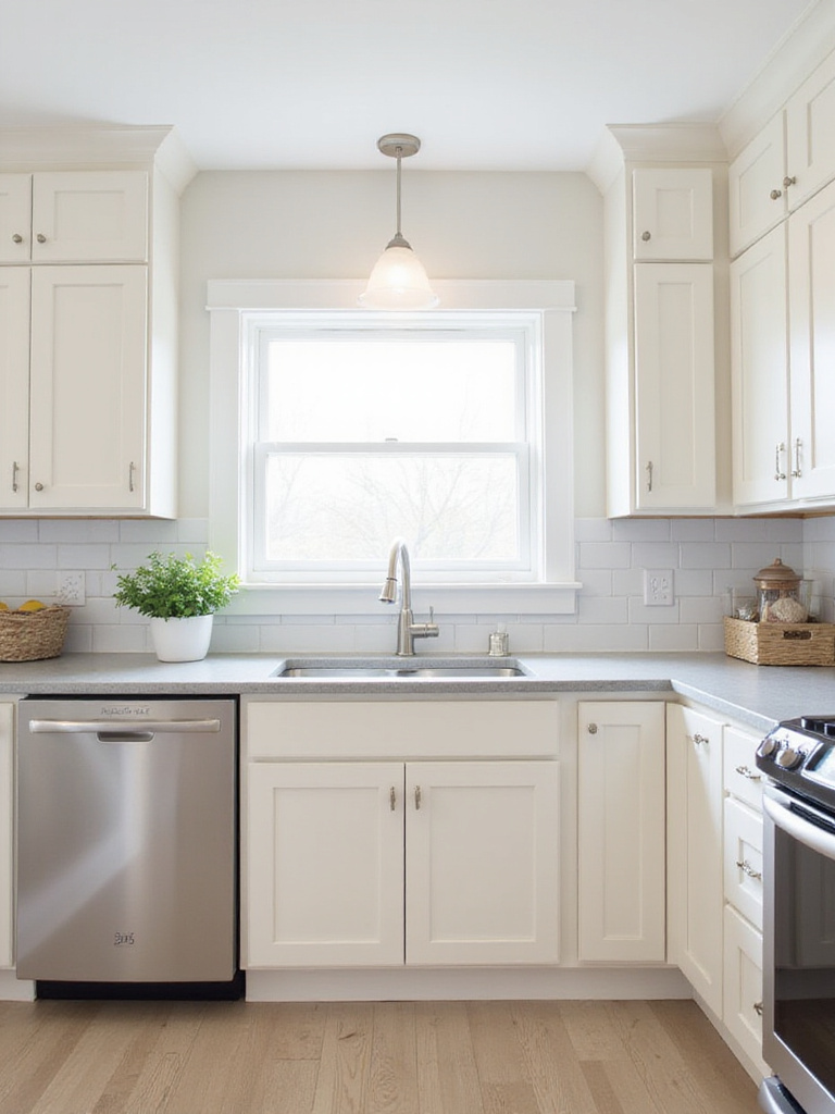 Modern kitchen with off-white shaker cabinets and light gray quartz countertops.