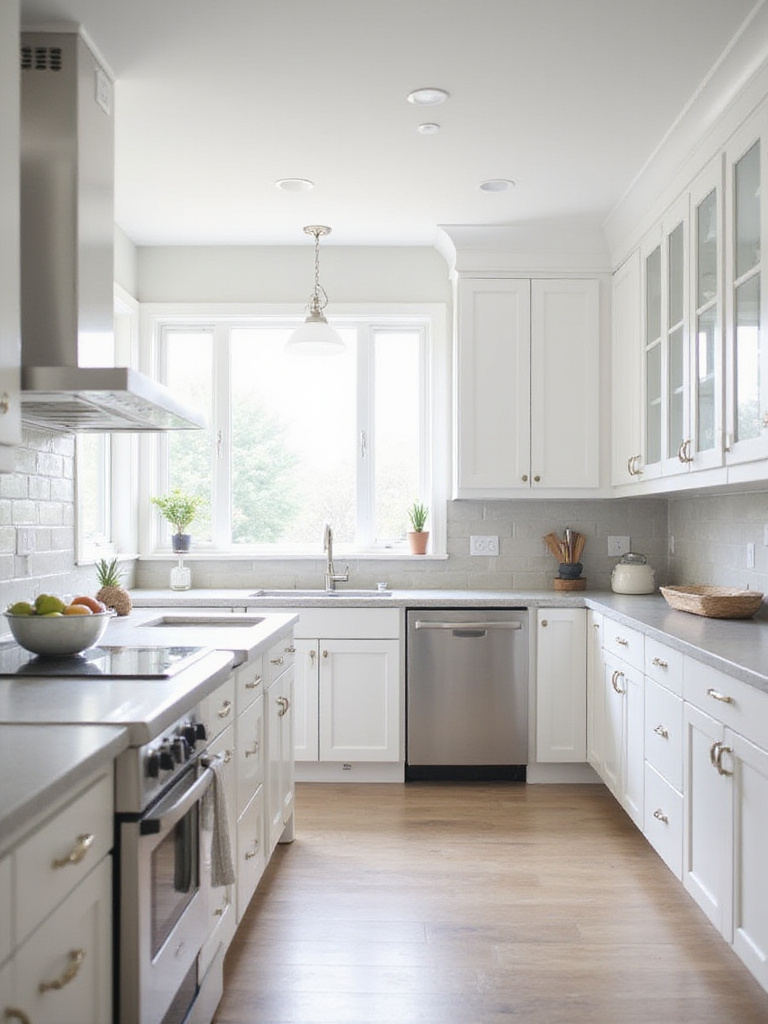 Bright and airy white kitchen with shaker cabinets and light gray countertops