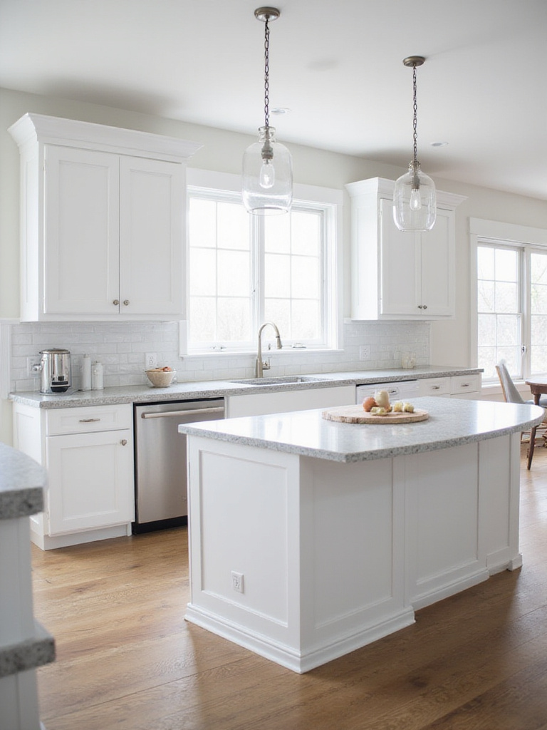 Bright white kitchen island with gray quartz countertop and shaker cabinets.