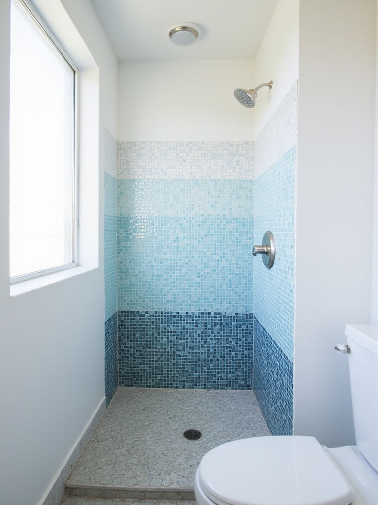 Small bathroom with blue ombre mosaic shower tiles and grey hexagonal floor tiles.