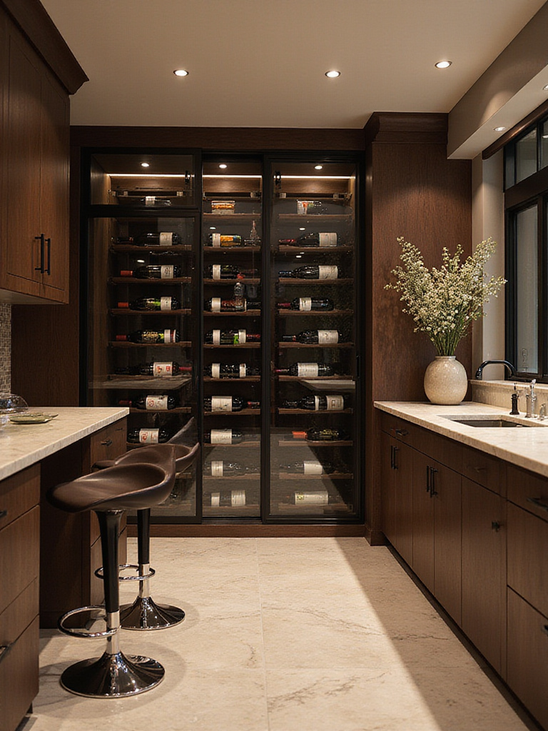 Luxury kitchen with a floor-to-ceiling glass wine cellar.