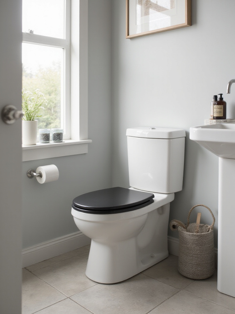 Modern bathroom featuring a new matte black toilet seat