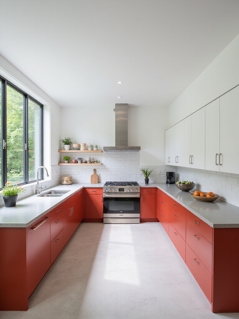 Modern kitchen with tomato red lower cabinets and white upper cabinets.
