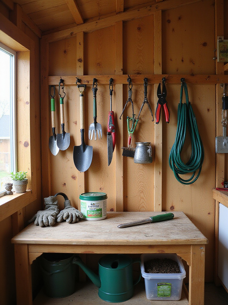 Gardening shed interior with neatly organized tools.