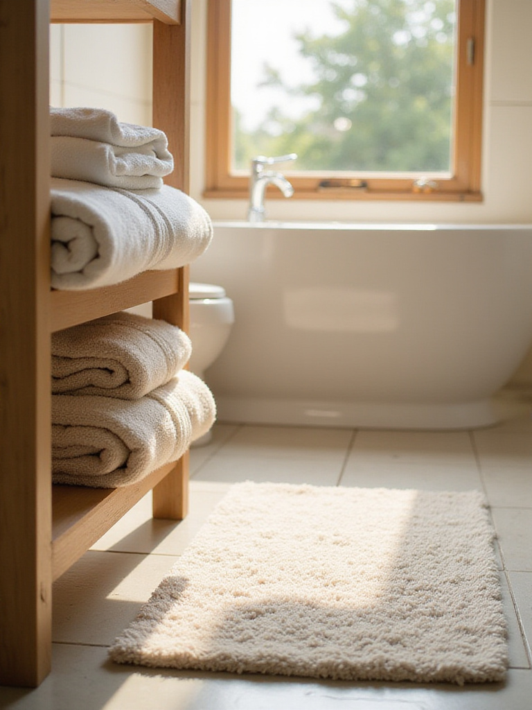 Plush, neatly folded towels and a cozy bath mat in a spa-like bathroom setting.
