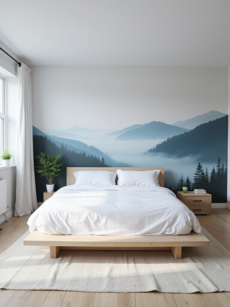 Bedroom featuring a large mountain range mural.
