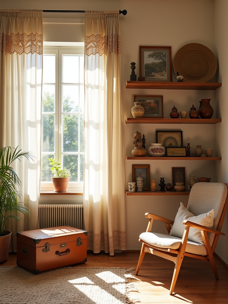 Boho living room with travel souvenirs displayed on shelves and a vintage suitcase side table