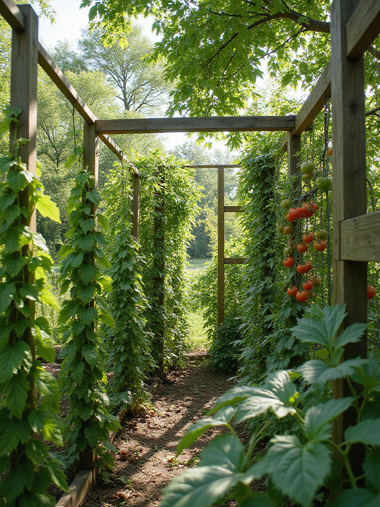 Thriving vegetable garden utilizing vertical growing techniques with various trellises.