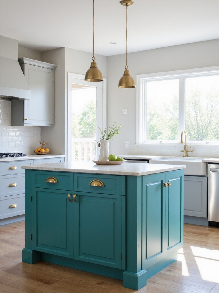 Modern kitchen with a trendy teal island, white countertops, and gold hardware.