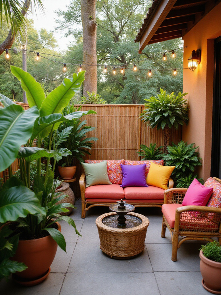 Lush tropical balcony with vibrant plants and colorful decor