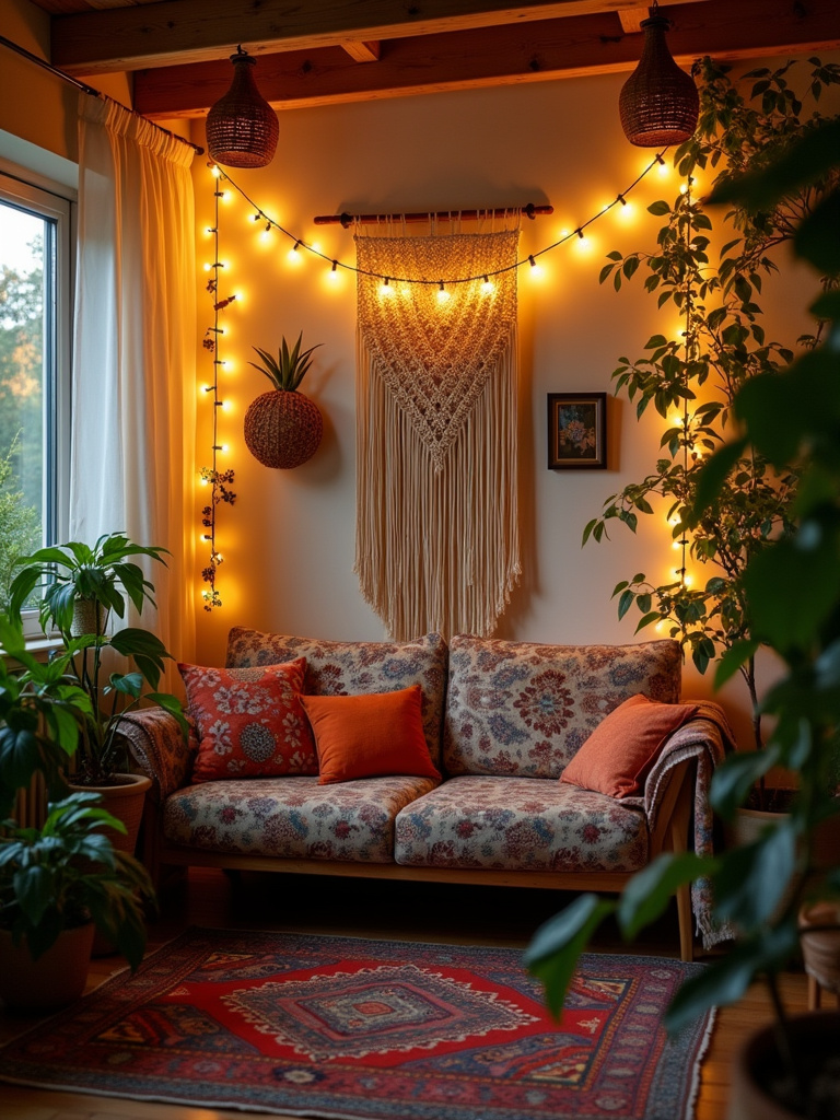 Boho living room with string lights draped across macrame wall hanging and plants, creating a cozy atmosphere.