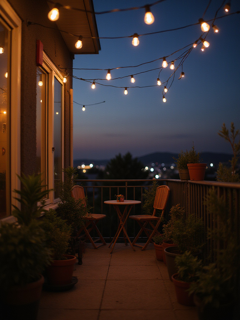 Balcony decorated with string lights creating a magical ambiance.